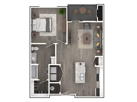 A floor plan of a house with a kitchen, living room, dining room, and bathroom.
